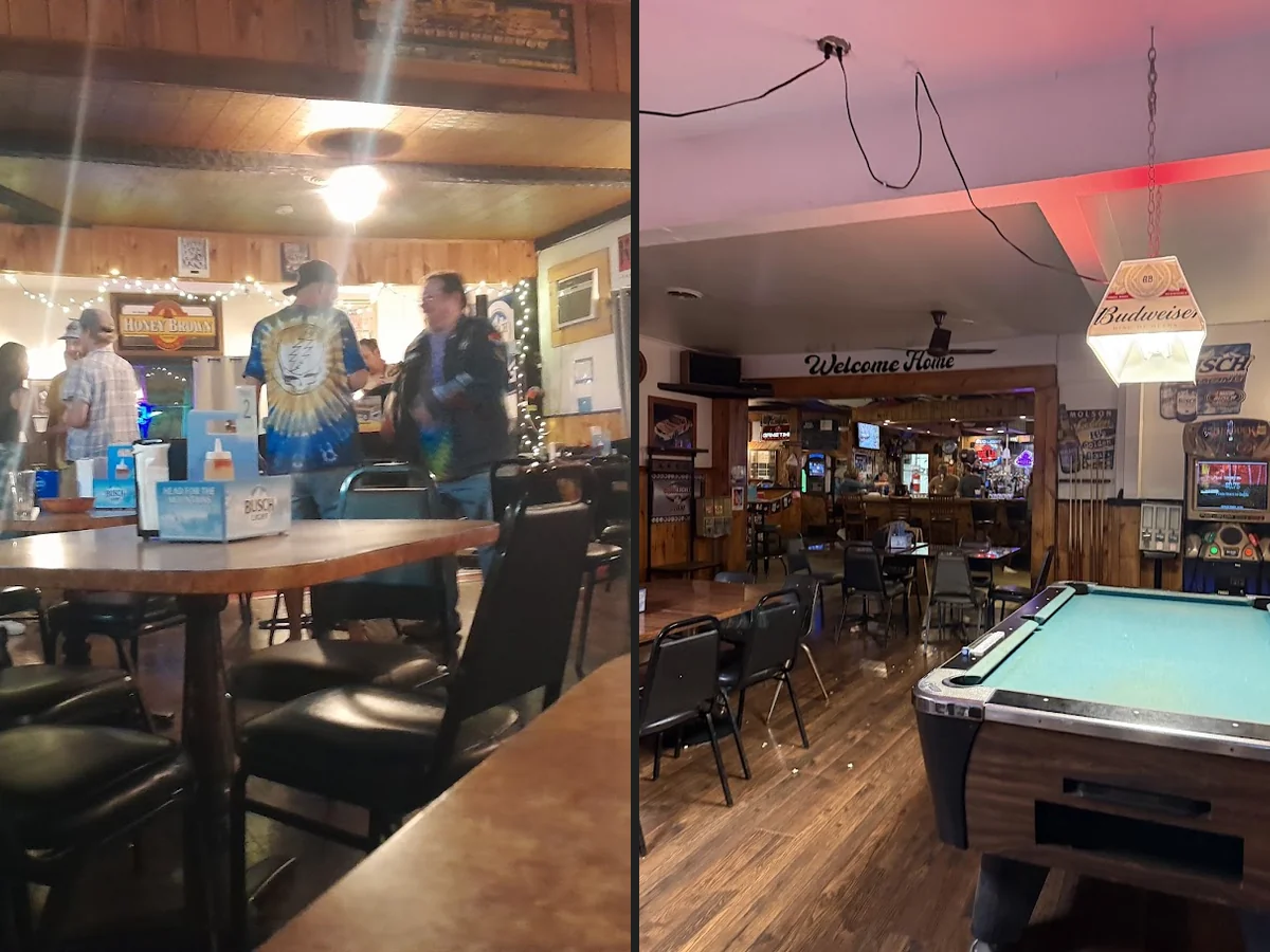 Cozy tavern seating with wood accents.